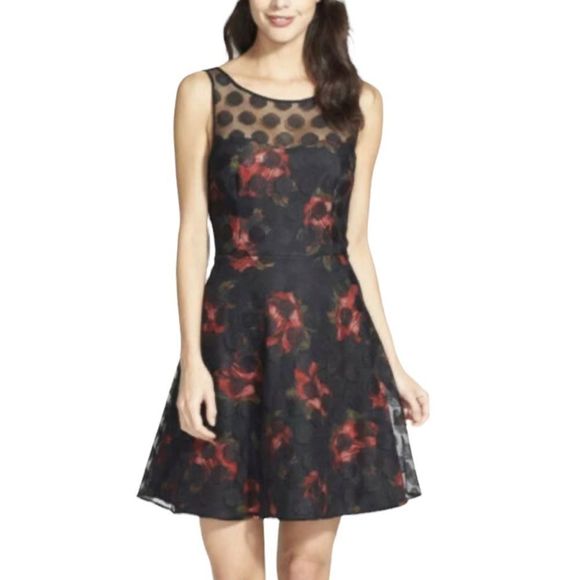 Betsey Johnson Roses w/ Polka Dot Mesh Zipper Back Dress Sz 12 - Picture 1 of 7